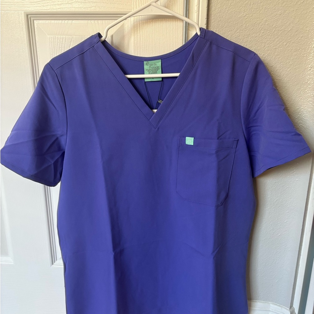 Purple V-Neck Scrub Top with Logo Detail